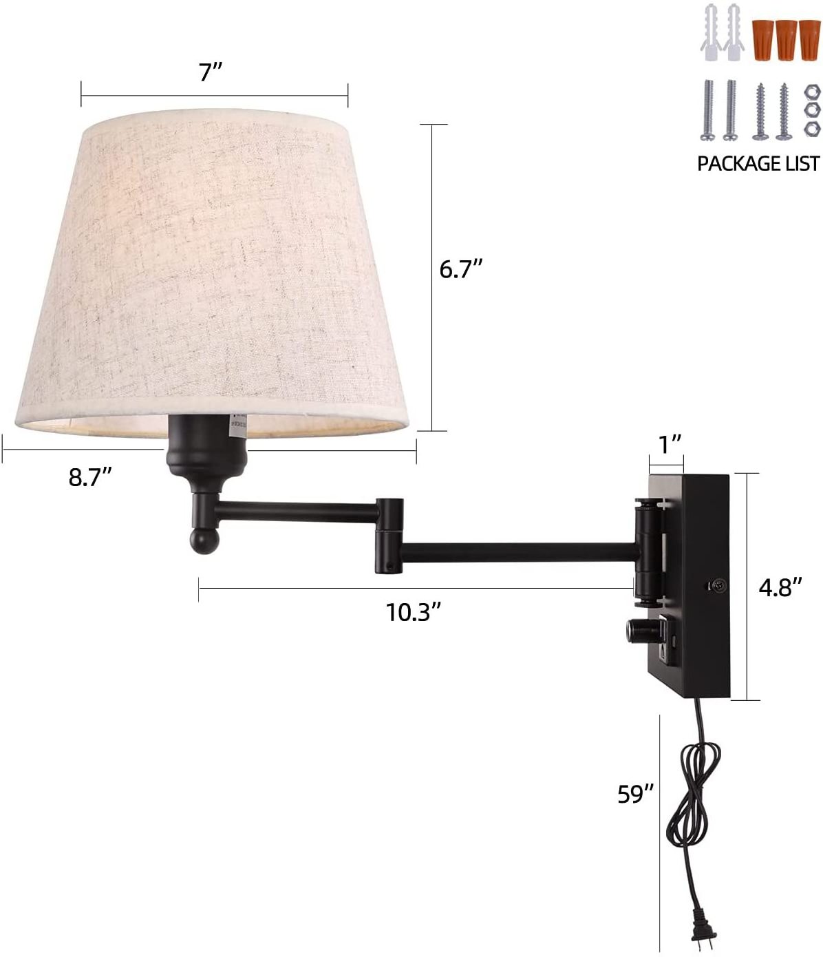 Bedside Wall Mount Light with Dimmable Switch and Outlet Swing Arm Fabric Shade Wall Sconce Light with USB Port and Plug in Cord