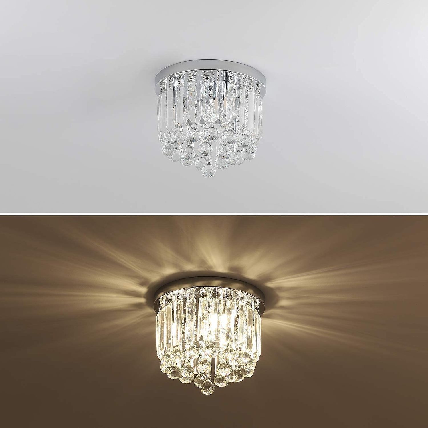 Small Modern K9 Crystal Chandeliers Fixtures 3 Lights Mini Flush Mount LED Ceiling Pendant for Bedroom