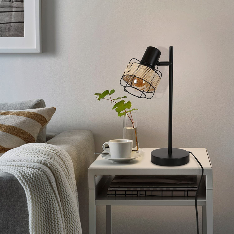 Vintage Farmhouse Style Black  E27 Base Adjustable Angle Simple Table Lamp With Rattan Lampshade For Livingroom  Without Bulb