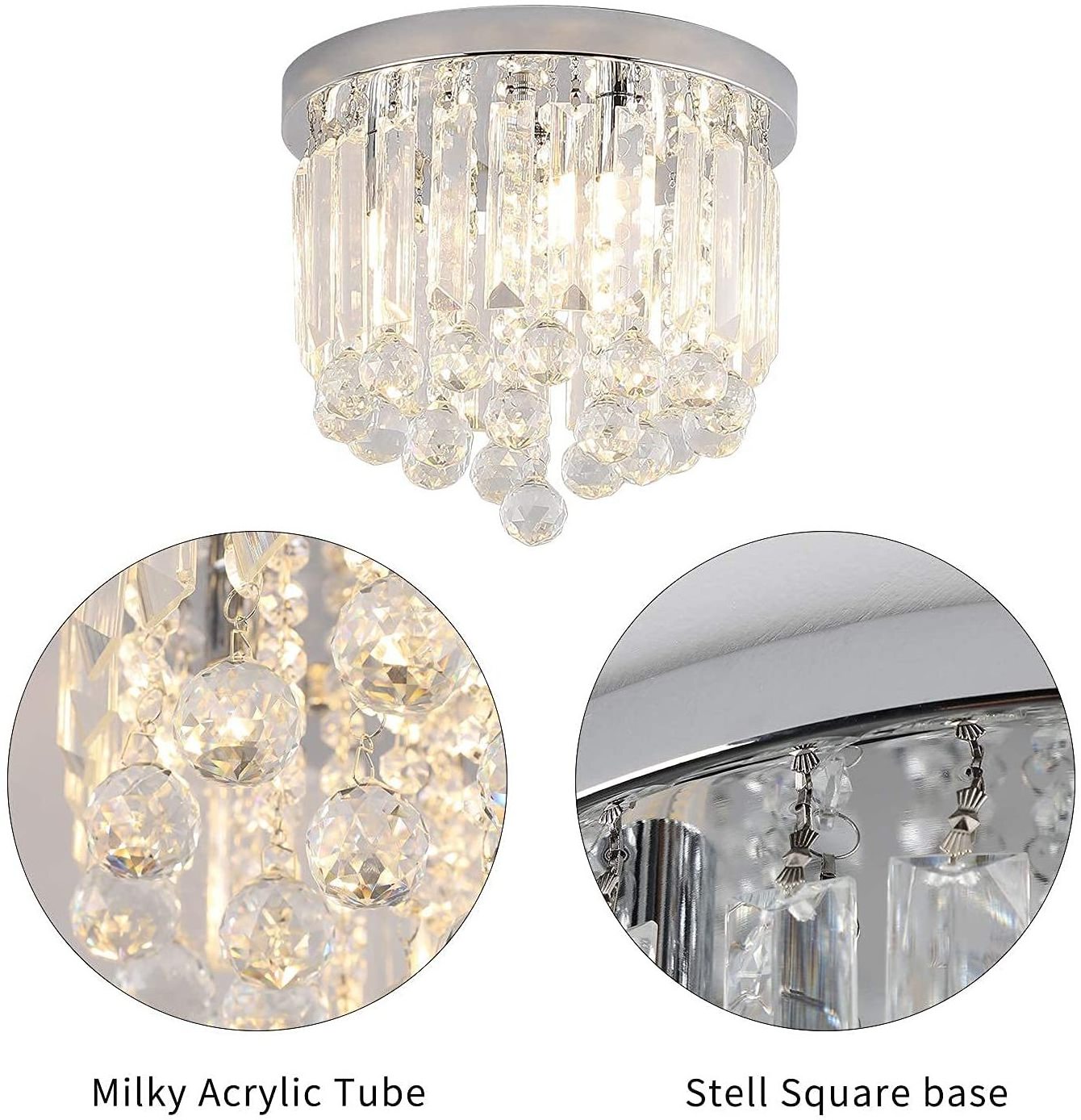 Small Modern K9 Crystal Chandeliers Fixtures 3 Lights Mini Flush Mount LED Ceiling Pendant for Bedroom