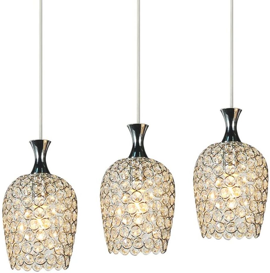 Modern 3 Lights Crystal Polished Chrome Pendant Lighting Fixture for Kitchen Island and Dining Room