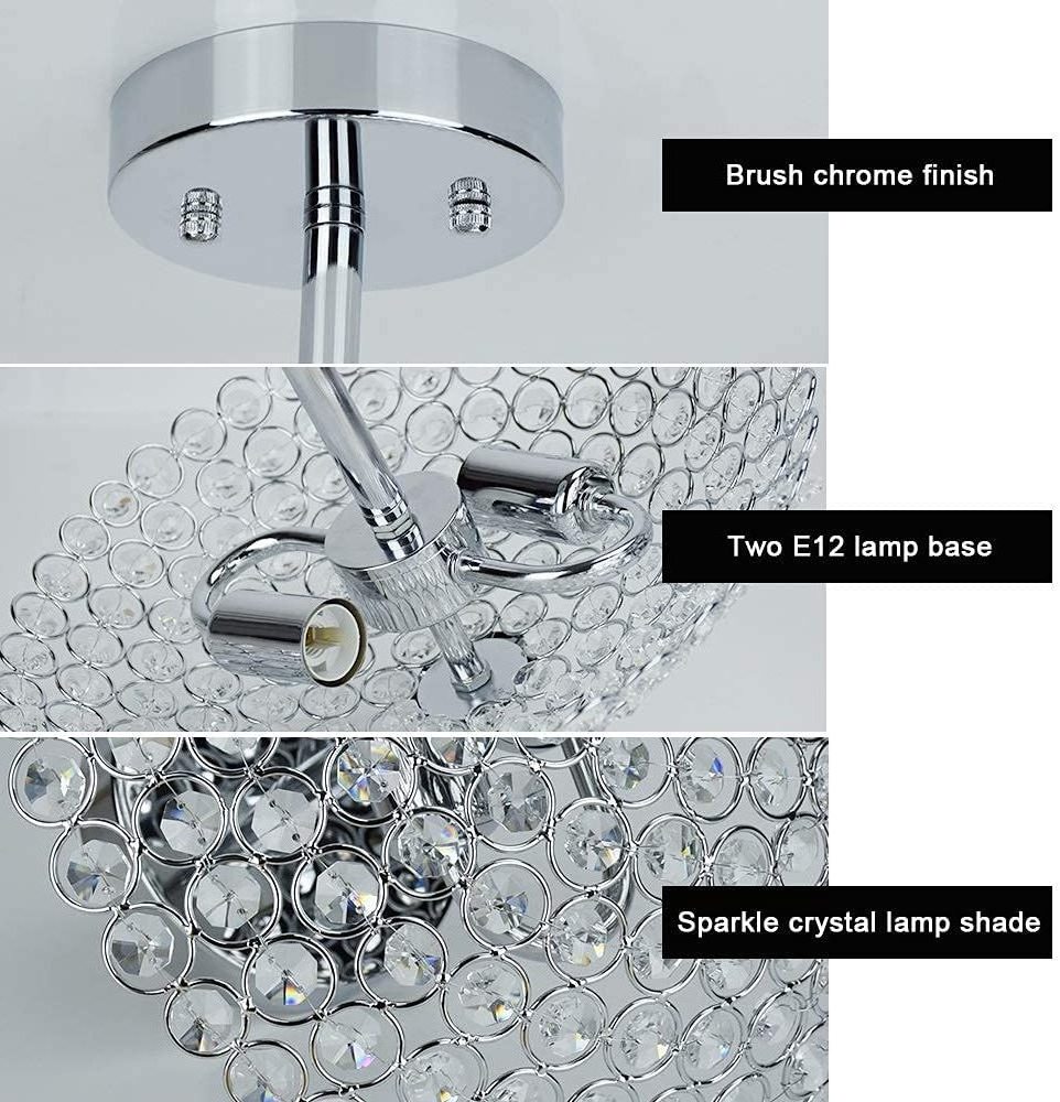 2-Light Elegant Crystal Semi Flush Mount Bedroom Ceiling Light Chandelier Bowl Shaped Glam Chrome Finish