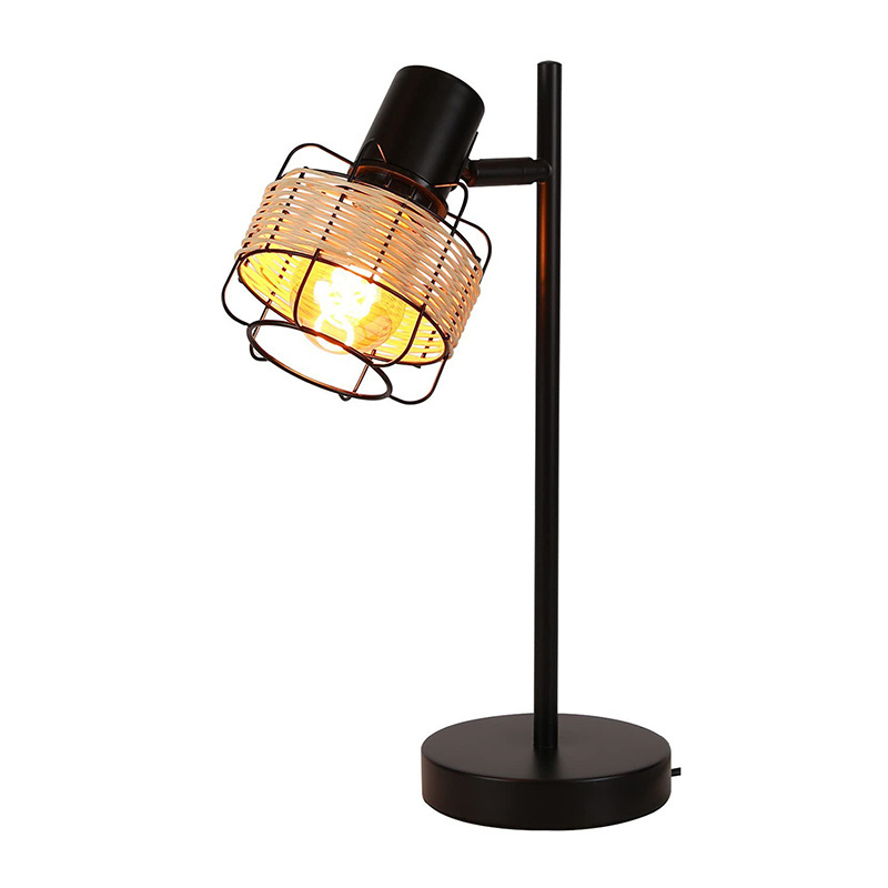 Vintage Farmhouse Style Black  E27 Base Adjustable Angle Simple Table Lamp With Rattan Lampshade For Livingroom  Without Bulb