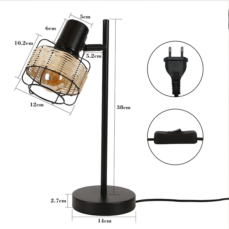 Vintage Farmhouse Style Black  E27 Base Adjustable Angle Simple Table Lamp With Rattan Lampshade For Livingroom  Without Bulb