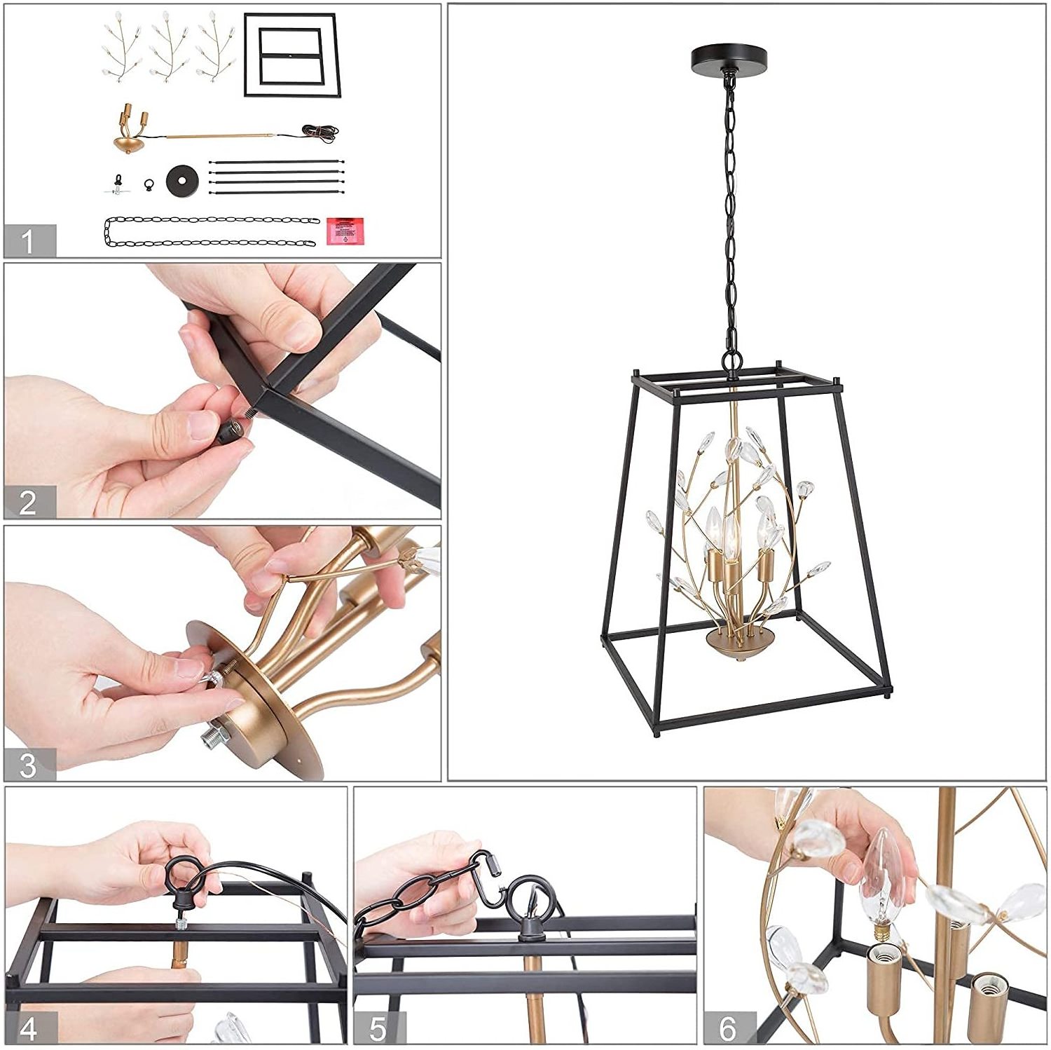 Modern Black Gold Chandelier with Crystal 3-Light Lantern Hanging Pendant Black Ceiling Light Flush Mounted Fixture