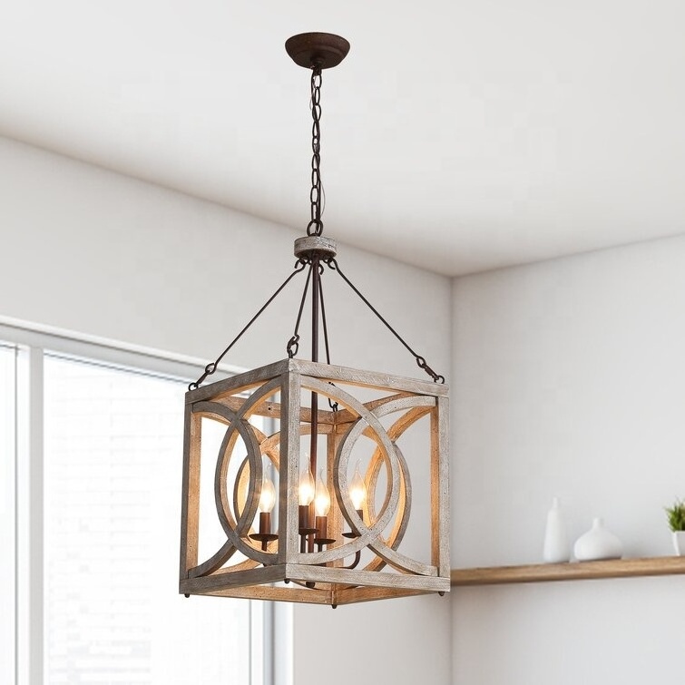 4-light Geometric Chandelier Industrial Rustic Farmhouse Wood Kitchen Light Fixture Hanging Dining Room Pendant Lighting