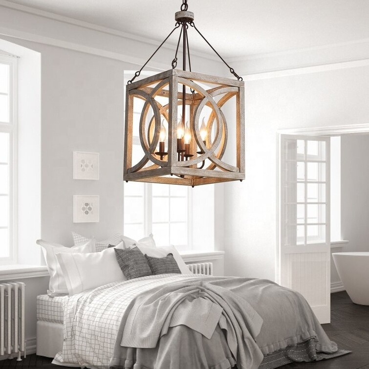 4-light Geometric Chandelier Industrial Rustic Farmhouse Wood Kitchen Light Fixture Hanging Dining Room Pendant Lighting