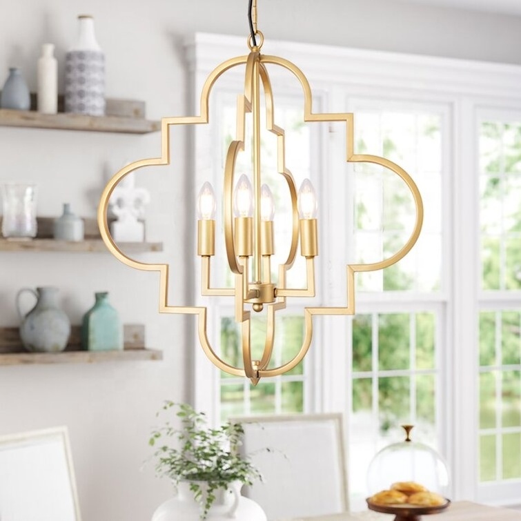 Gold Candle Style Geometric Dining Room Light Fixtures Hanging Foyer 4 - Light Orb Chandelier Lighting