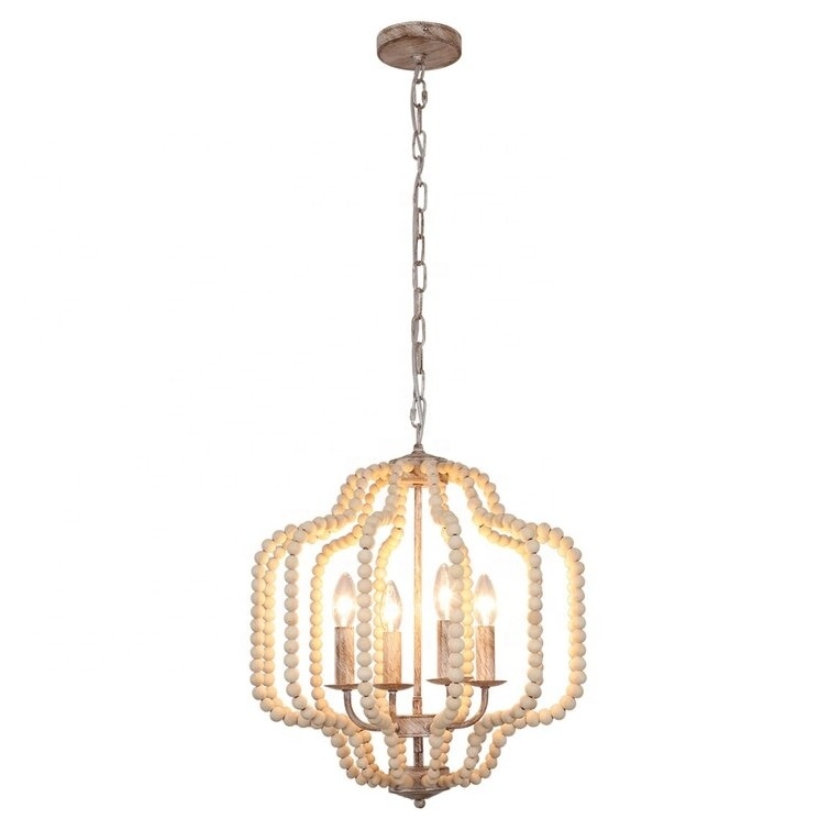 Wood Beaded Chandelier Modern Boho Light Fixture 4-lights Vintage Farmhouse Chandelier Ceiling Light Fixture