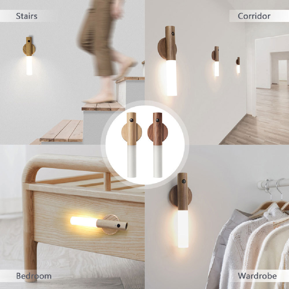 LED USB Wireless Wood Stick Night Light Warm Motion Sensor Wall Lamp Magnetic Corridor Cabinet Wardrobe Light Decor Home Light