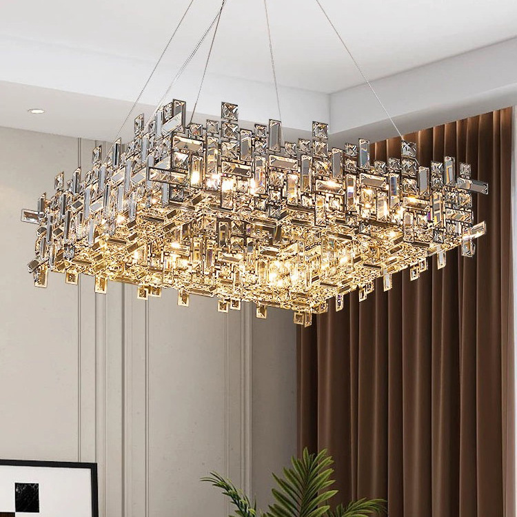 Italian square rectangle crystal chandelier chrome golden steel frame modern fashion pendant lamp luxury decor LED ceiling light