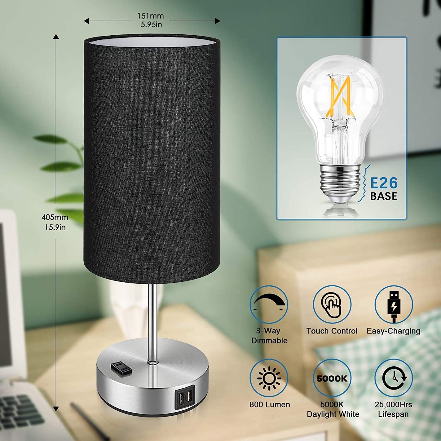 Bedside Table Light Pulling Switch Desk Nightstand Lamp With 2 USB Charge Port Round Fabric Shade For Bedroom Living Room Decor