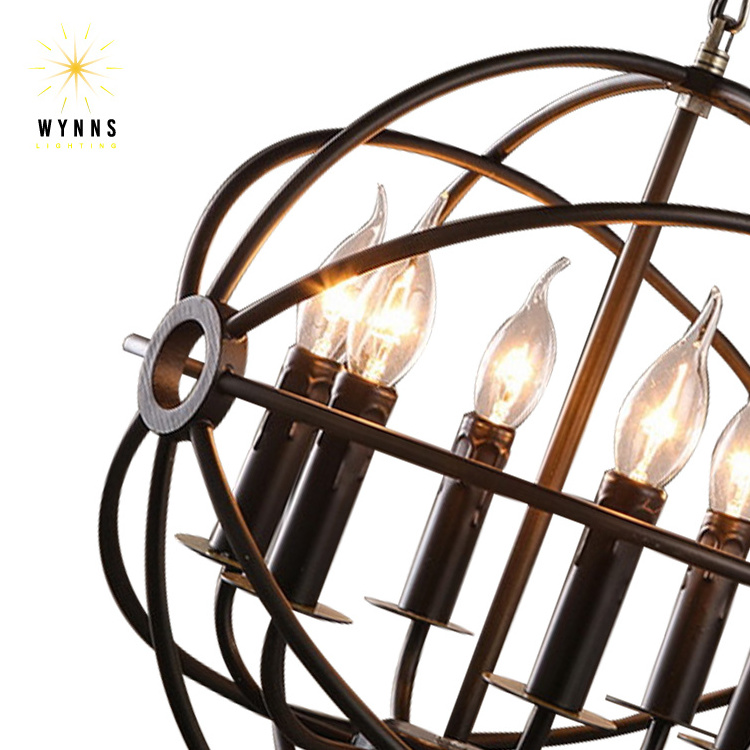 Vintage iron chandelier cage lighting Rustic metal LED candle bulb pendant lamp indoor home living room decoration hanging light