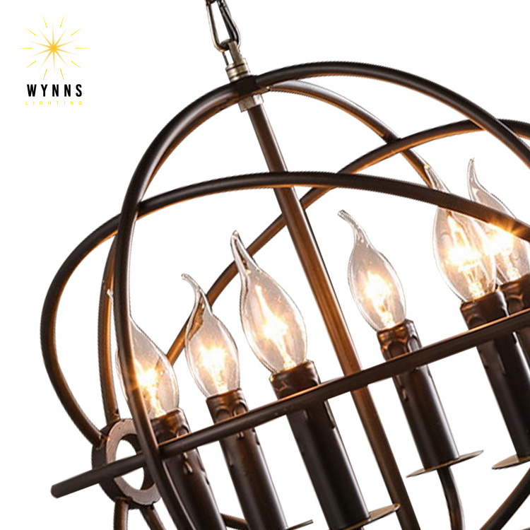 Vintage iron chandelier cage lighting Rustic metal LED candle bulb pendant lamp indoor home living room decoration hanging light