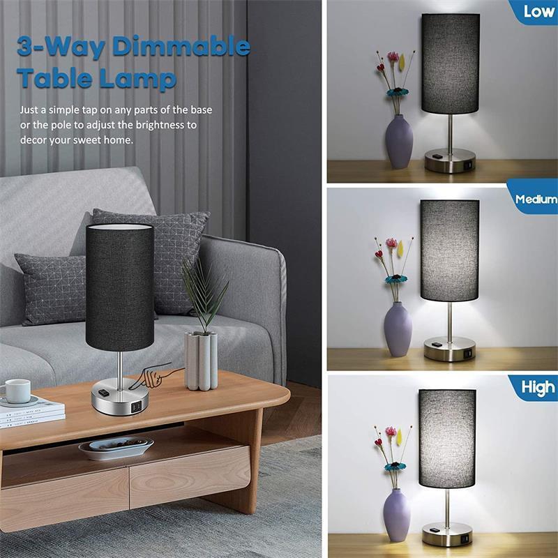 Bedside Table Light Pulling Switch Desk Nightstand Lamp With 2 USB Charge Port Round Fabric Shade For Bedroom Living Room Decor