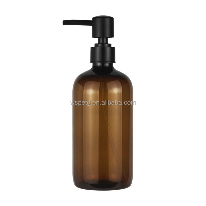 customized 28/410mm Hot sale PET brown plastic empty bottle 600ml, body wash shampoo conditioner bottle dimensions