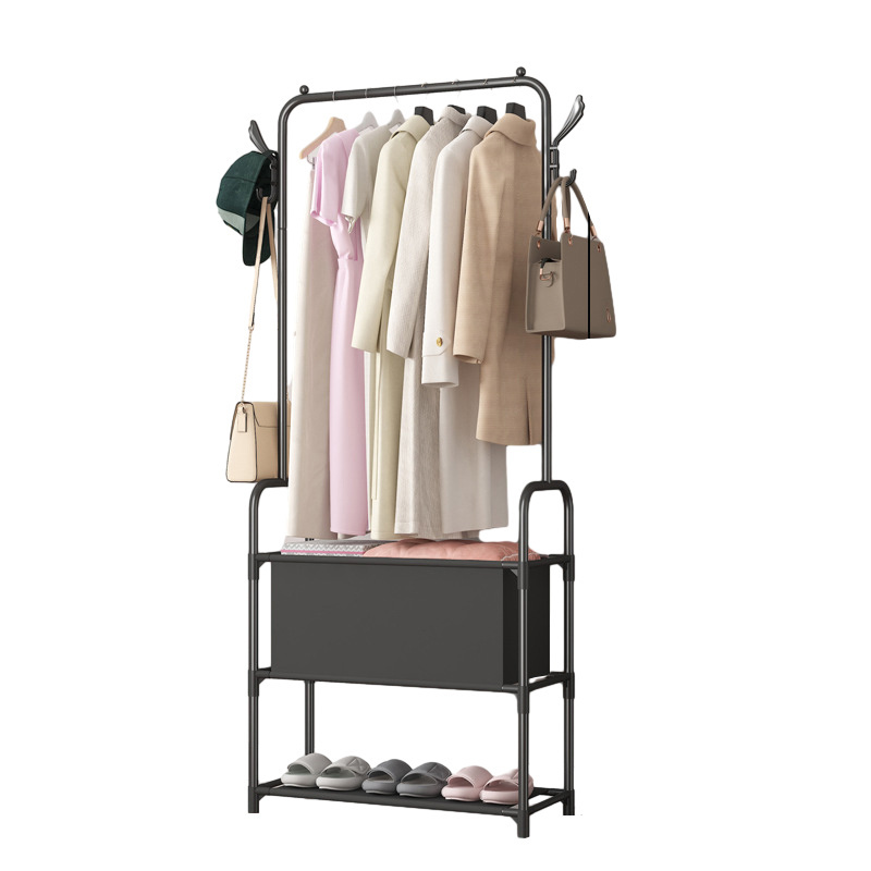 Simple coat rack floor to ceiling indoor hanger bedroom clothes double rod rack household drying rack