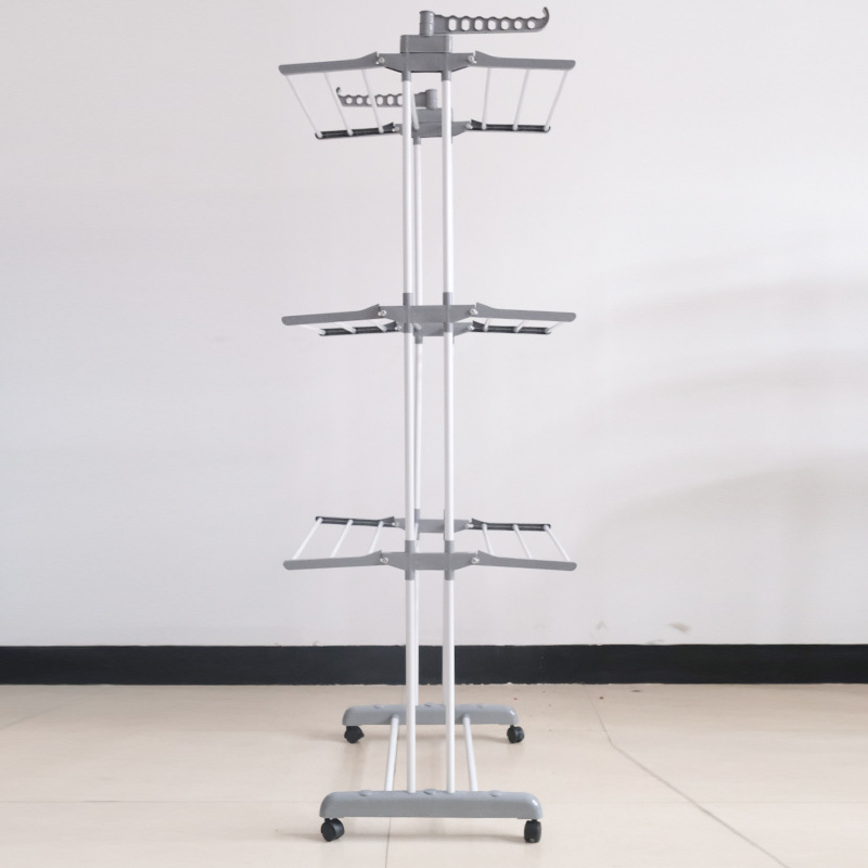 Mobile multi-layer clothes hanger towel drying rack household floor folding double pole clothes hanger  clothes hanger