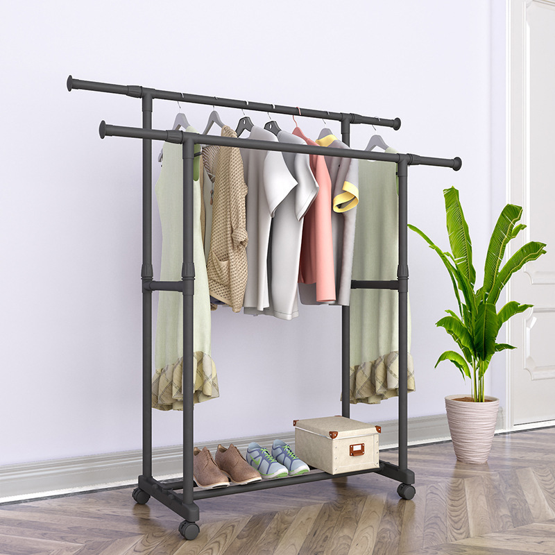 Black Metal Clothing Organizer Double Single Rod Portable Garment Clothes Hanging Rack with Lower Storage Shelf