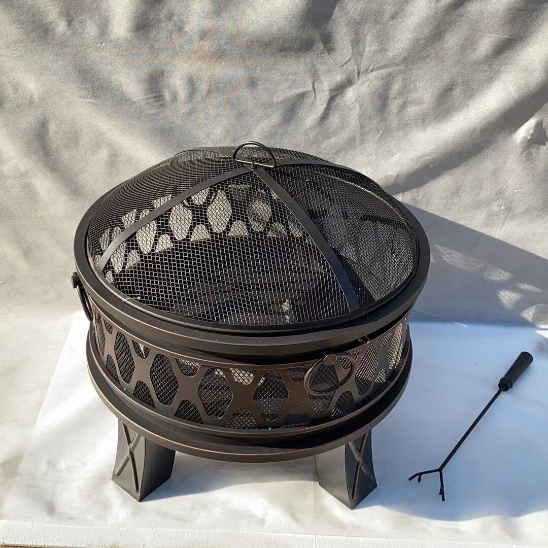 OUTDOOR CAMPING TRAVEL 26 INCH STEEL ROUND ANTIQUE BRONZE  IRON WOOD BURNING FIRE PITS