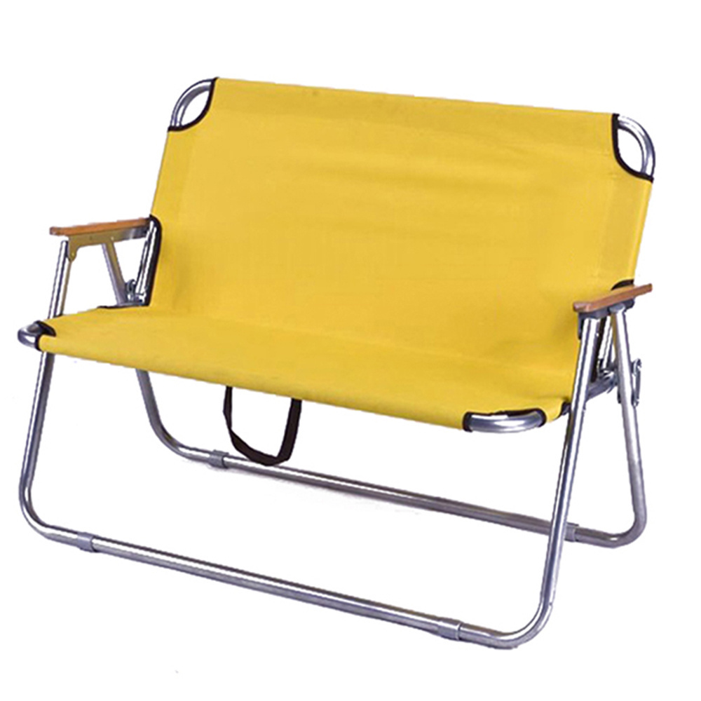 steel tube foldable compack reclining camping chair double seat beach chair with wooden armrest