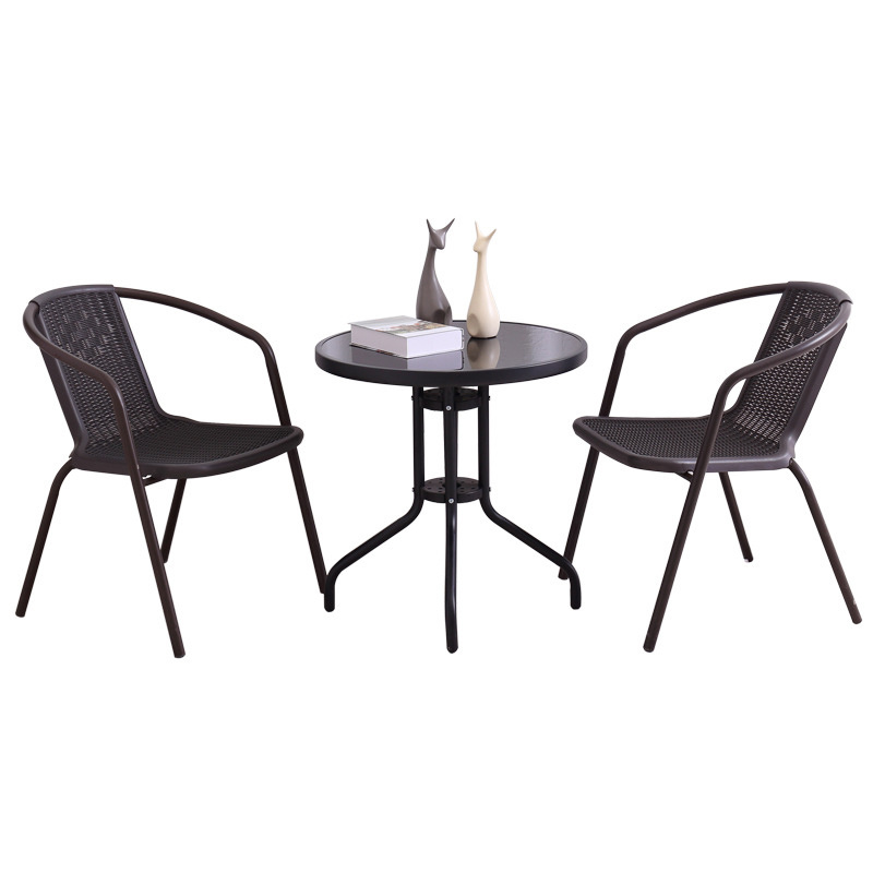 outdoor tempered glass round table and rattan chairs garden furniture 3pcs bistro set