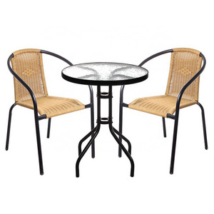 outdoor tempered glass round table and rattan chairs garden furniture 3pcs bistro set