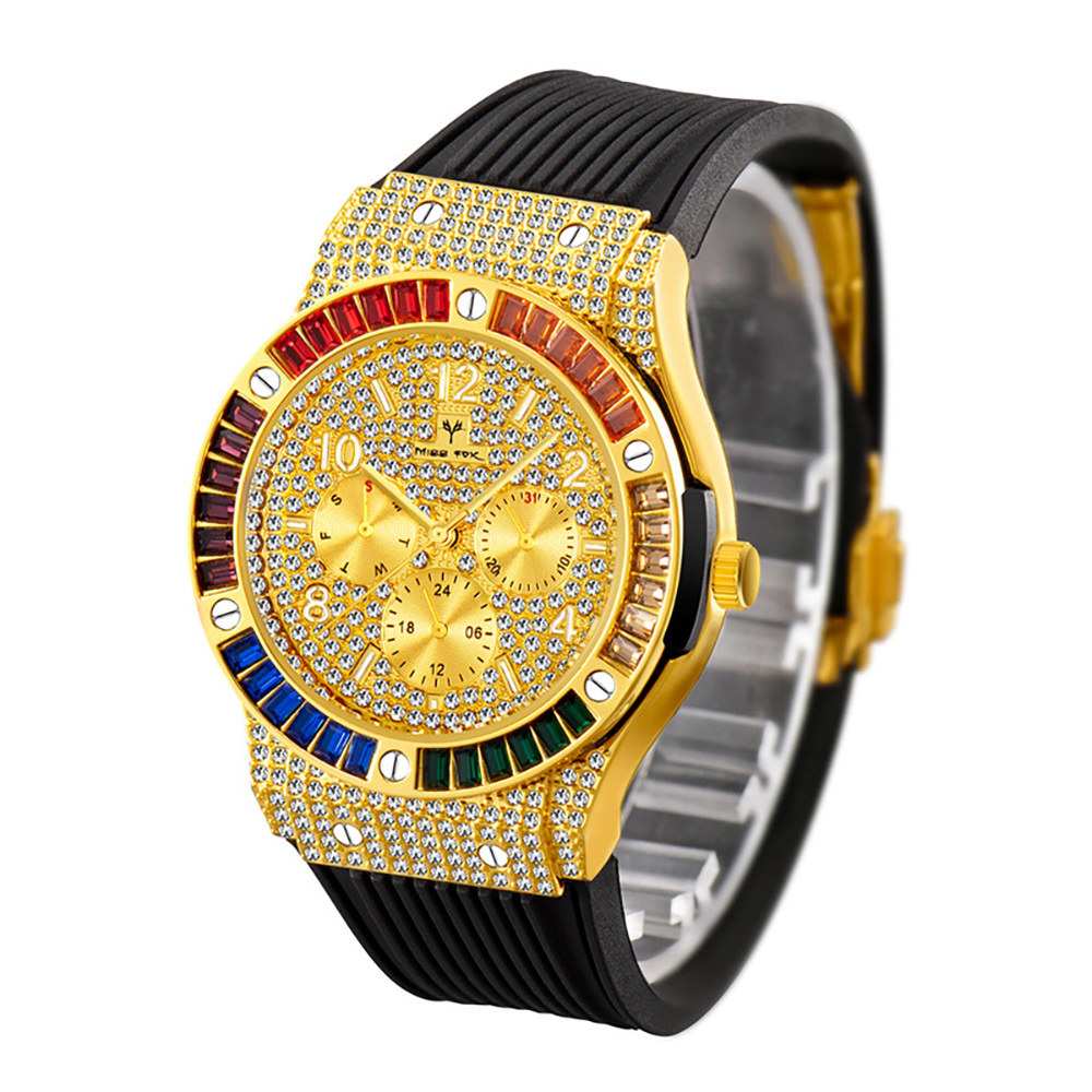 Custom Luminous Silicone Band Unique Punk Bling Iced Out Dress Watches Rectangle Men Waterproof Analog Chronograph Watch