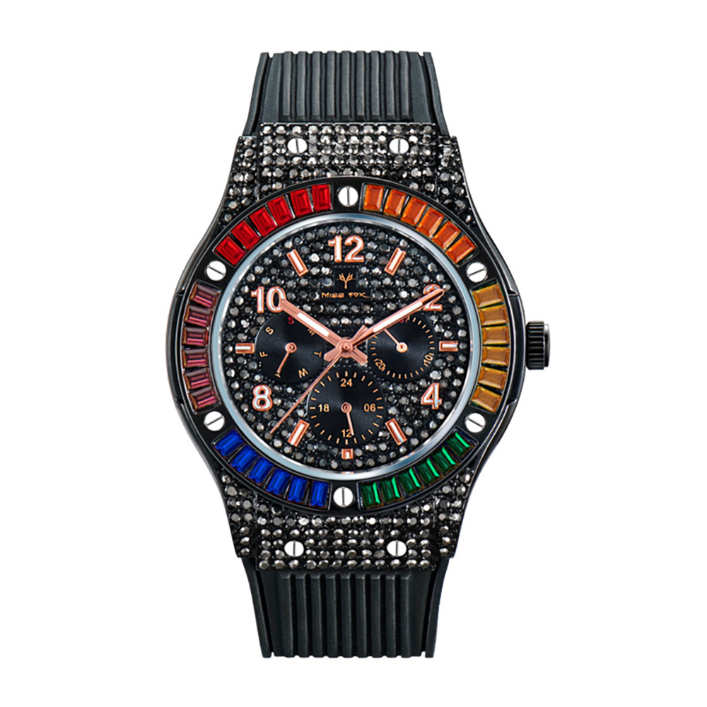 Custom Luminous Silicone Band Unique Punk Bling Iced Out Dress Watches Rectangle Men Waterproof Analog Chronograph Watch