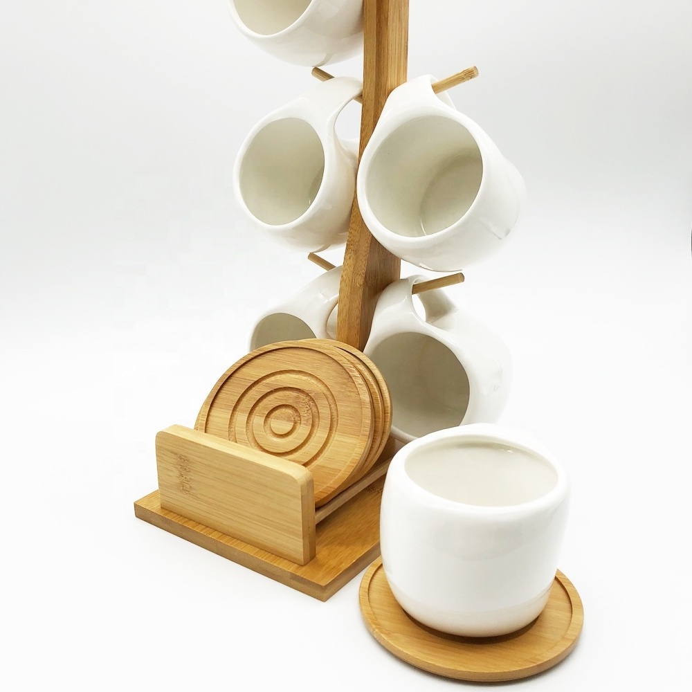 Bamboo Mug Rack Tree Coffee Tea Cup Organizer Hanger Holder with 6 Hooks Removable Bamboo Mug Stand