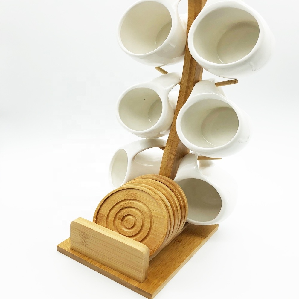 Bamboo Mug Rack Tree Coffee Tea Cup Organizer Hanger Holder with 6 Hooks Removable Bamboo Mug Stand