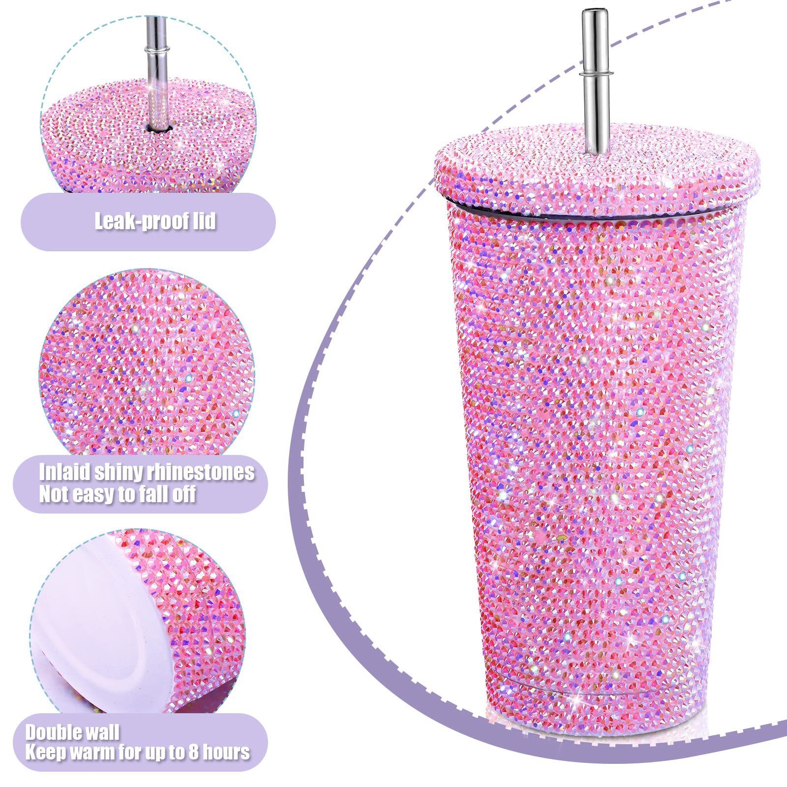 insulated double wall travel coffee cup purple bling rhinestone stainless steel wine tumbler