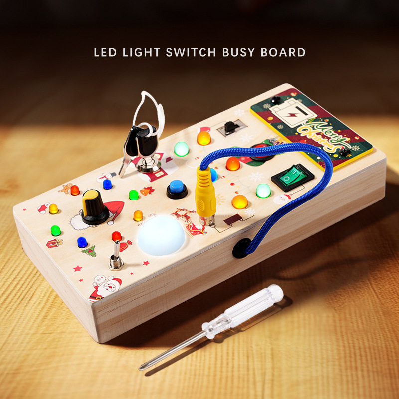 Montessori Busy Board Toddler Sensory Toys Wooden  Switch Power LED Light Multi-function Busy Board Toy With LED Lights Game