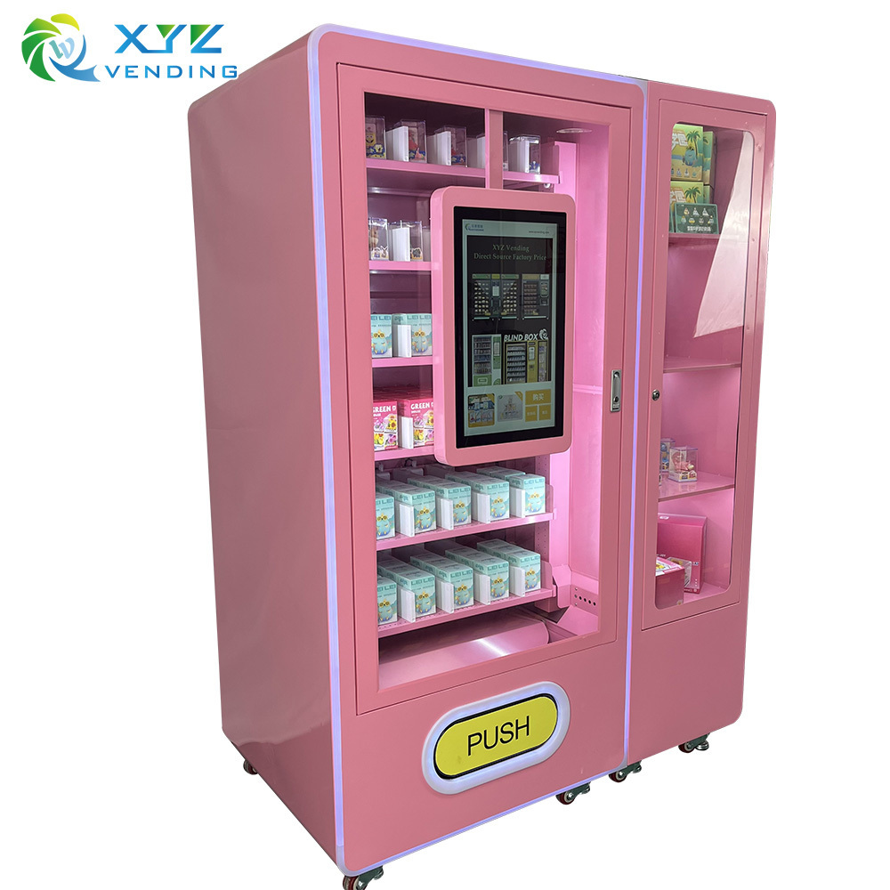 Lighting around outdoor metal steel touch screen coin banknote credit card automatic lucky box pink vending machine