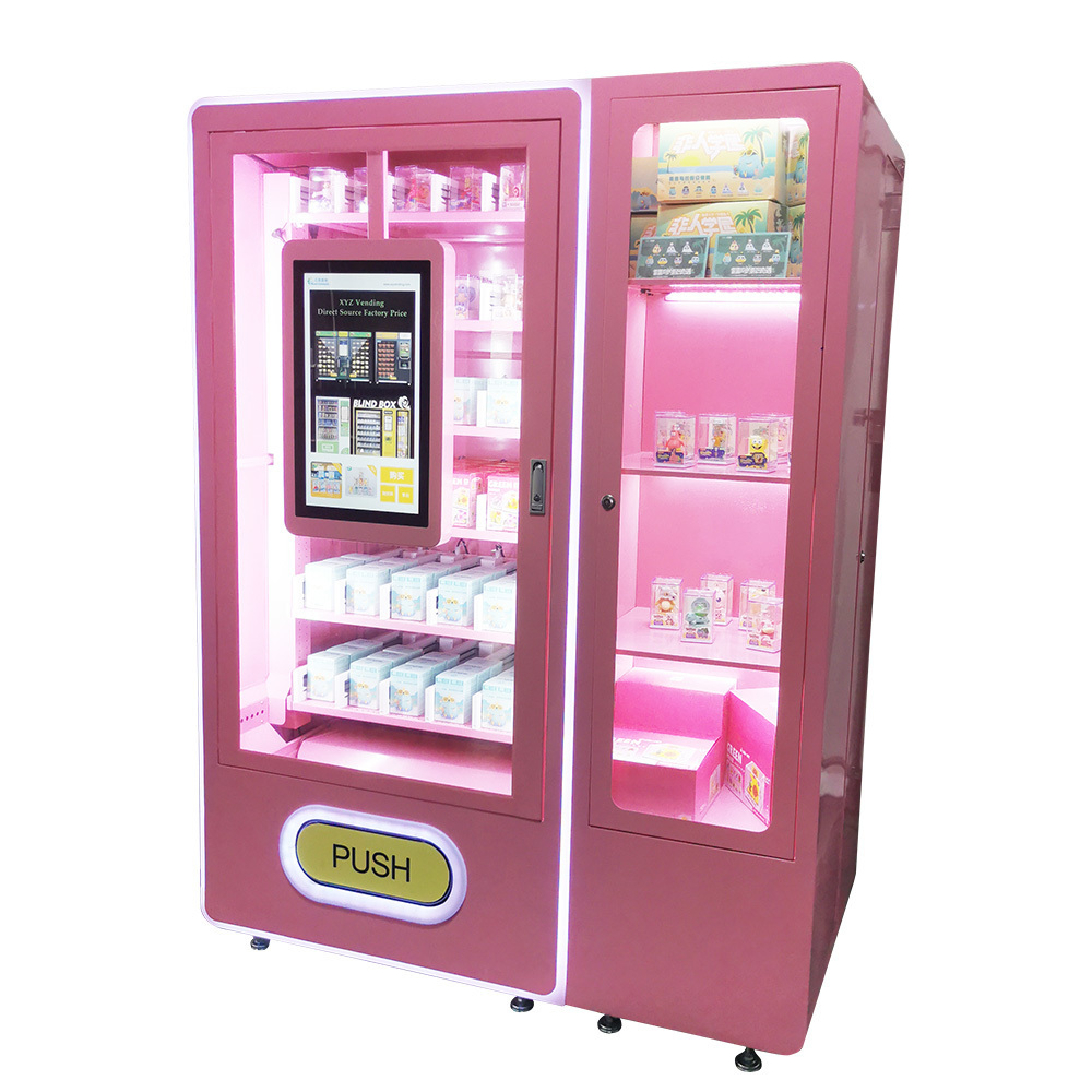 Lighting around outdoor metal steel touch screen coin banknote credit card automatic lucky box pink vending machine