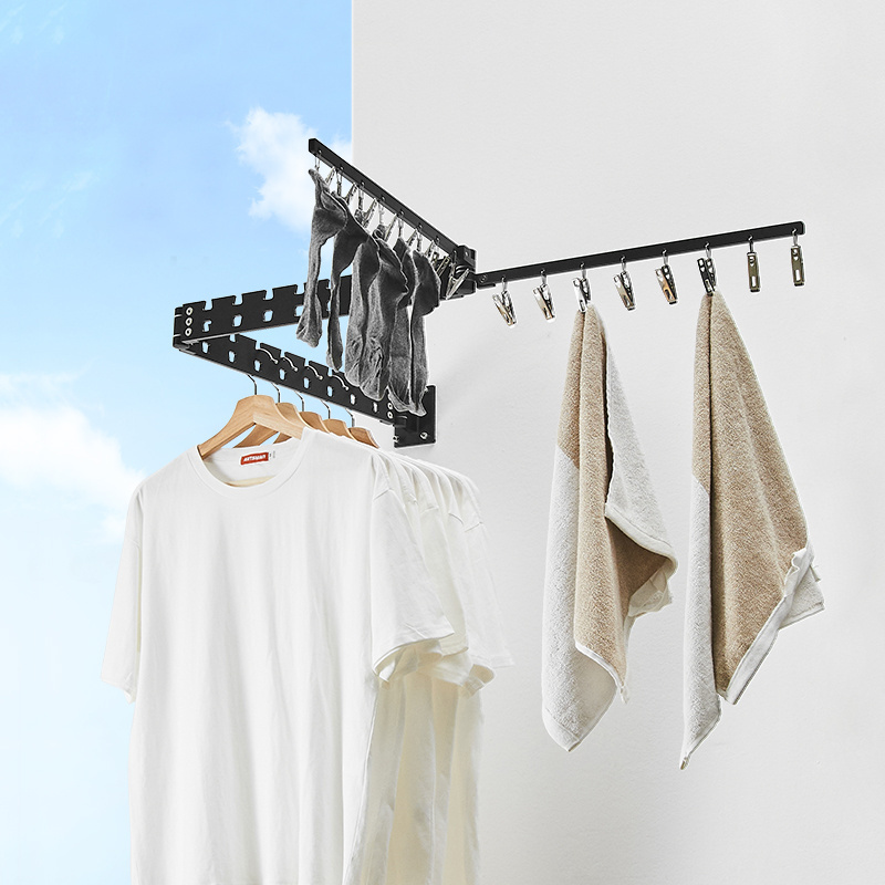 Luxury Aluminum Extended Black Wall Laundry Hanger Folding Laundry Wall Mounted Clothes Drying Racks