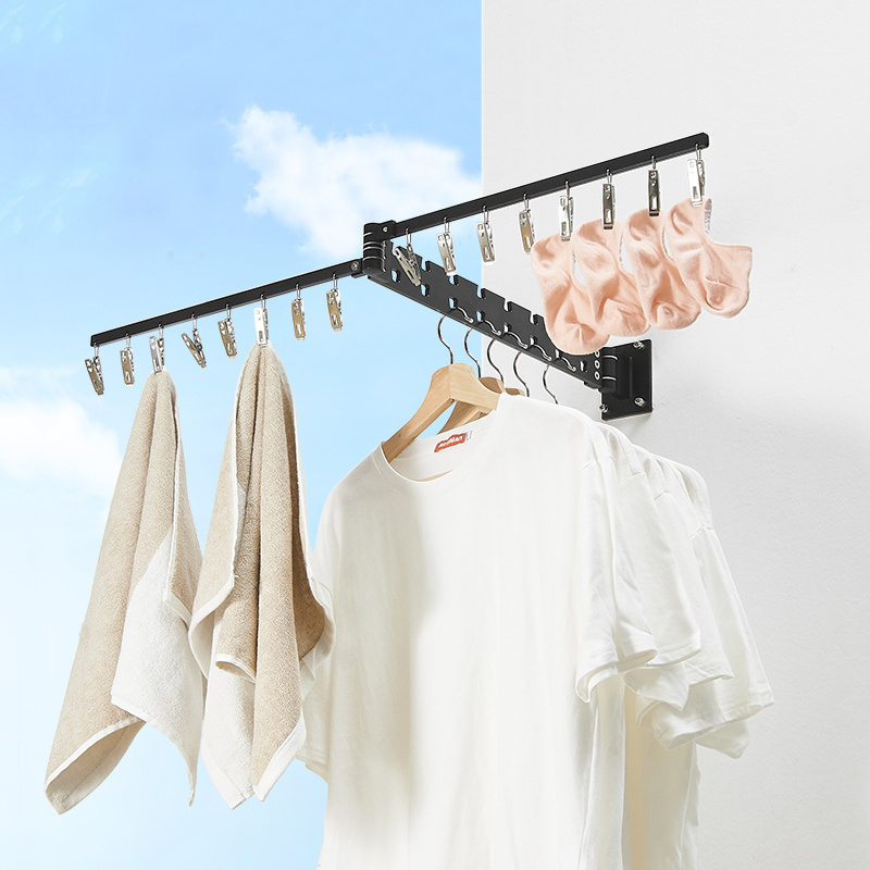 Luxury Aluminum Extended Black Wall Laundry Hanger Folding Laundry Wall Mounted Clothes Drying Racks