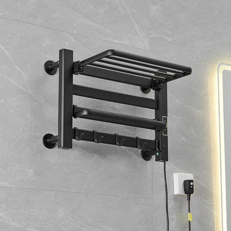 Modern Lcd Screen Timer Rails Wall Mounted Bathroom Towel Shelf Heated Towel Rack with hooks