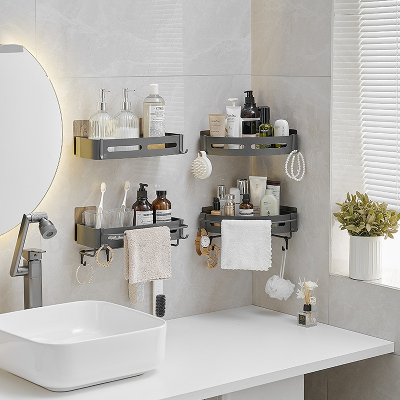 Bathroom Wall Mounted No Drilling Self Adhesive Kitchen Corner Racks Shower Shelf Corner Basket Storage Shelf