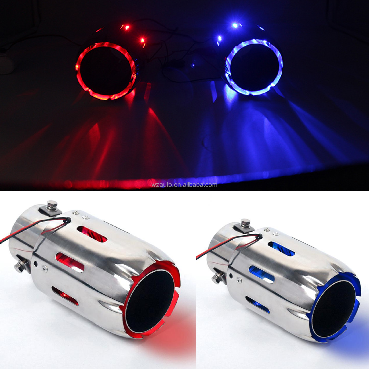 Top Quality Newest Style stainless steel universal exhaust system end pipe+car exhaust tip with Red Blue Light