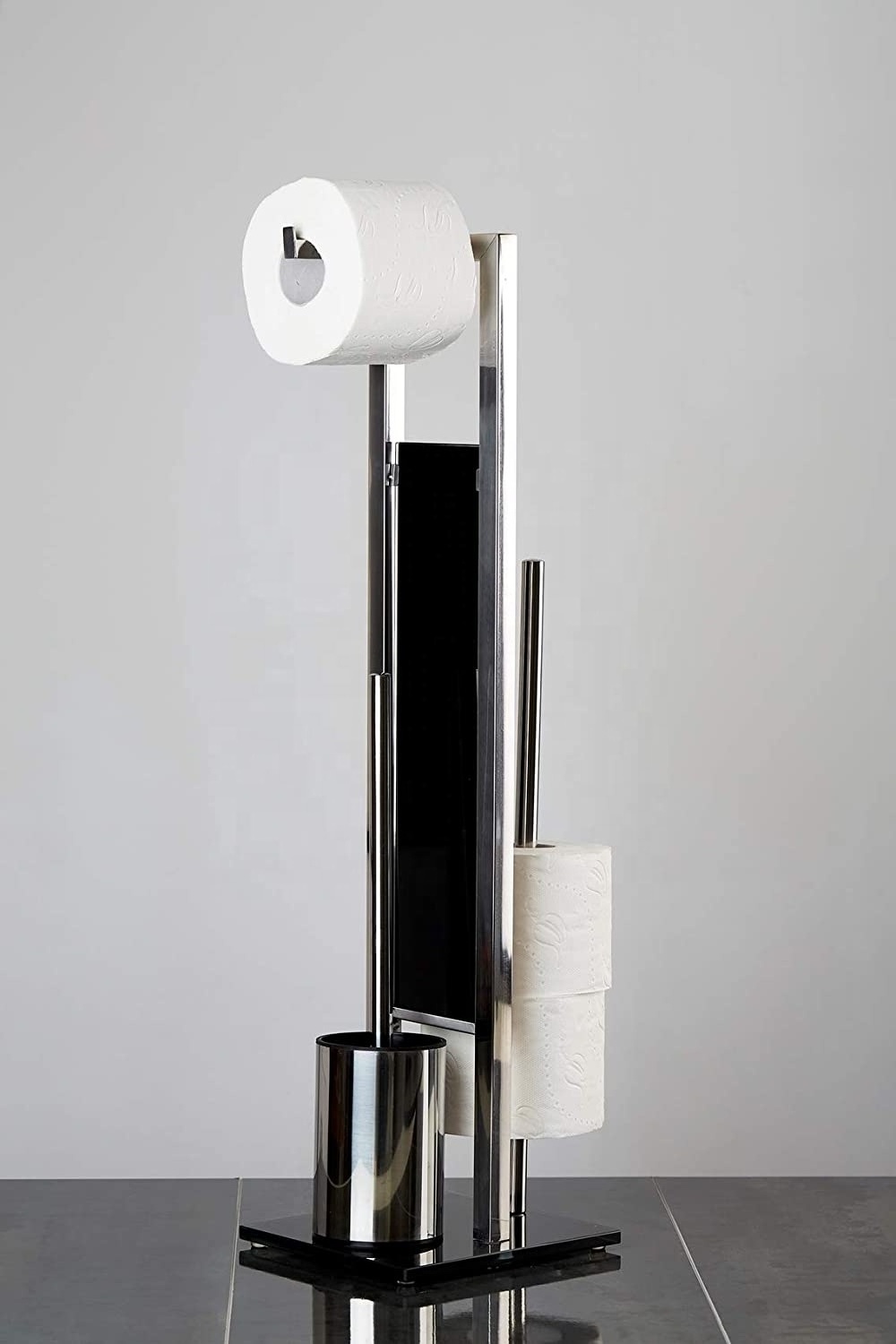 Multifunctional Bathroom Standing 304 Stainless Steel Tissue Holder Black Toilet Paper Holder with Toilet Brush