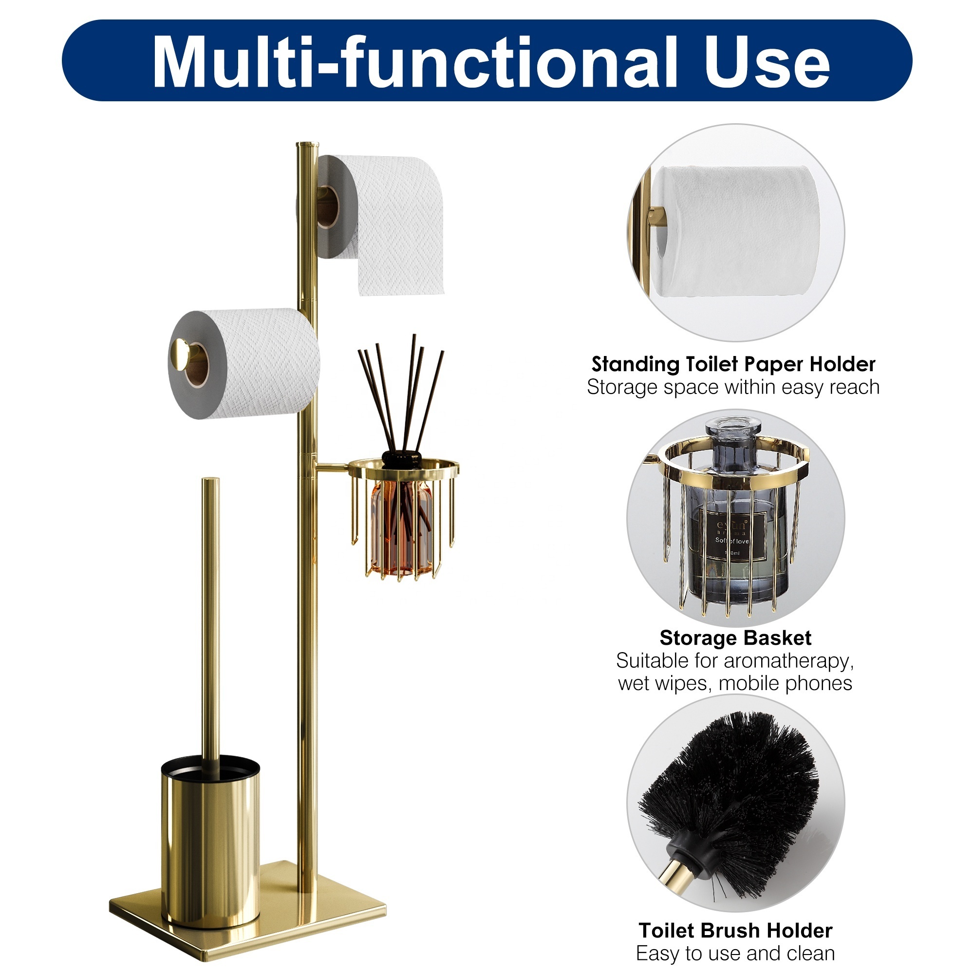 Gold Multifunctional Wholesale Bathroom 304 Stainless Steel FreeStanding Toilet Brush with Toilet Paper Holder