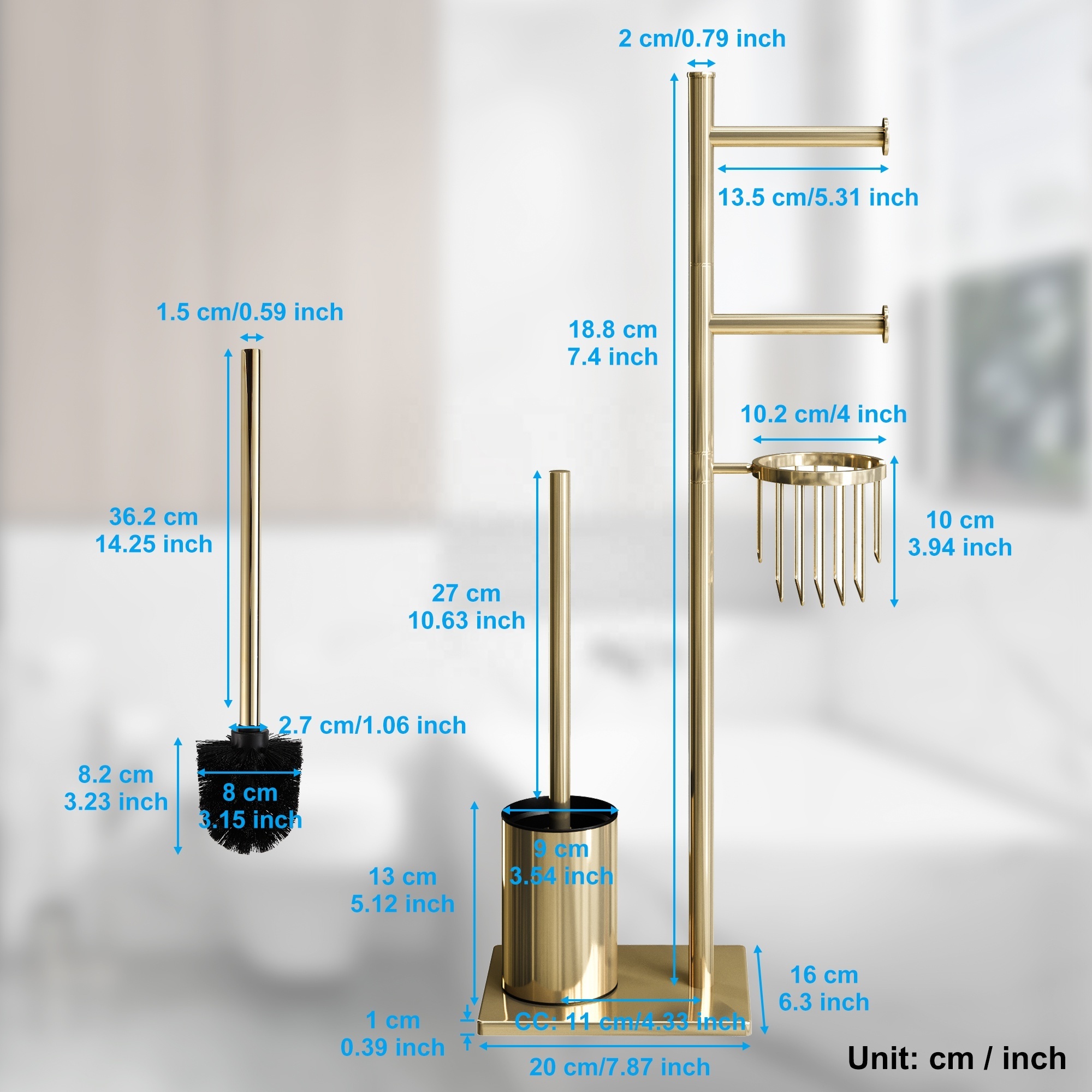 Gold Multifunctional Wholesale Bathroom 304 Stainless Steel FreeStanding Toilet Brush with Toilet Paper Holder