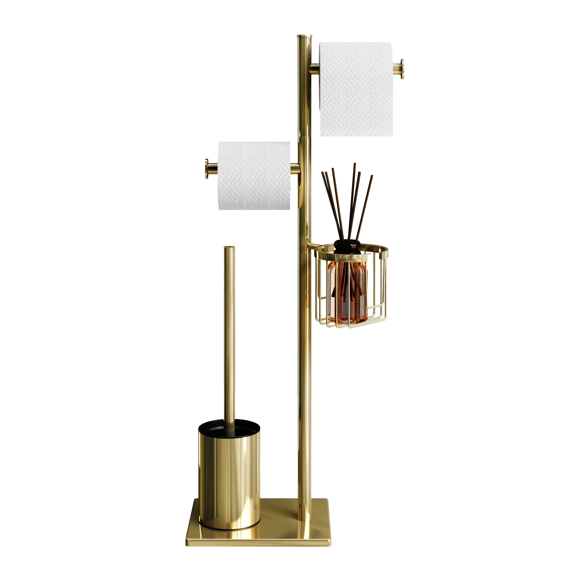 Gold Multifunctional Wholesale Bathroom 304 Stainless Steel FreeStanding Toilet Brush with Toilet Paper Holder