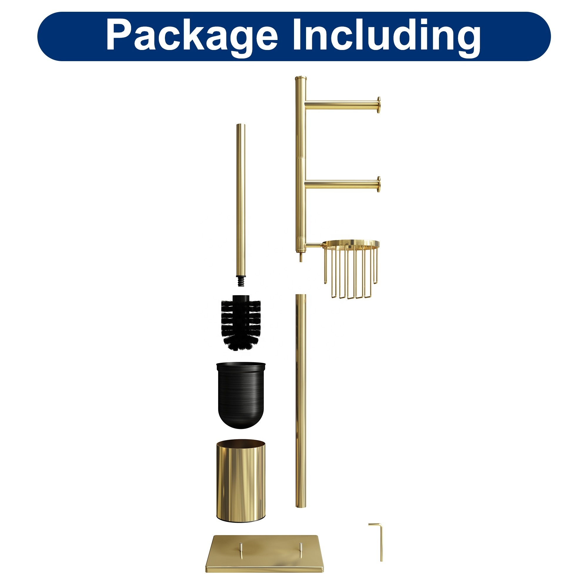 Gold Multifunctional Wholesale Bathroom 304 Stainless Steel FreeStanding Toilet Brush with Toilet Paper Holder