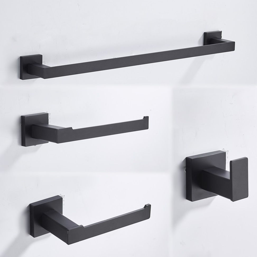 4 Pieces Square design Matte Black Wall Mount 304 Stainless Steel Bathroom accessories