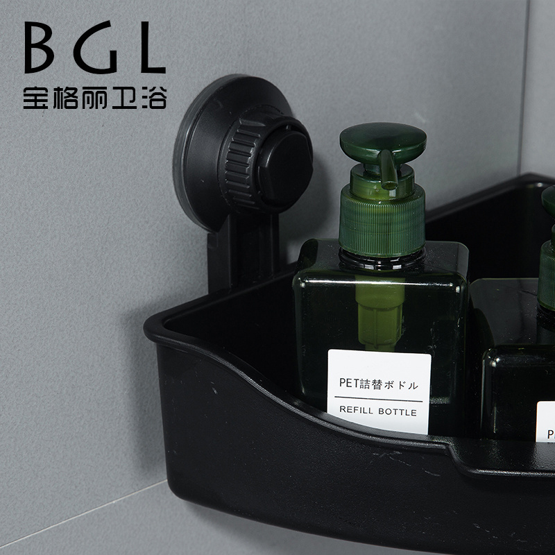 Black bathroom accessory storage suction cup plastic bathroom shelf