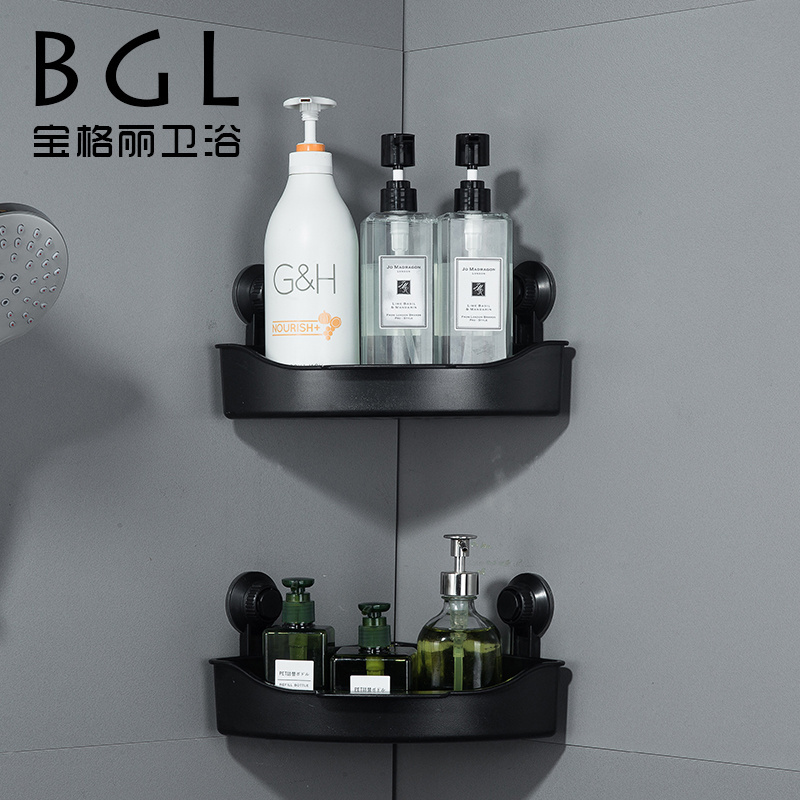 Black bathroom accessory storage suction cup plastic bathroom shelf