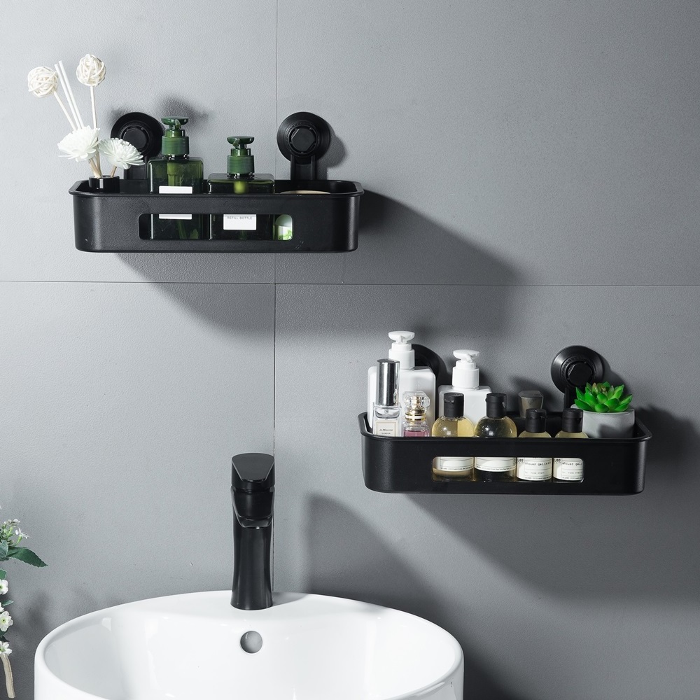 Black bathroom accessory storage suction cup plastic bathroom shelf