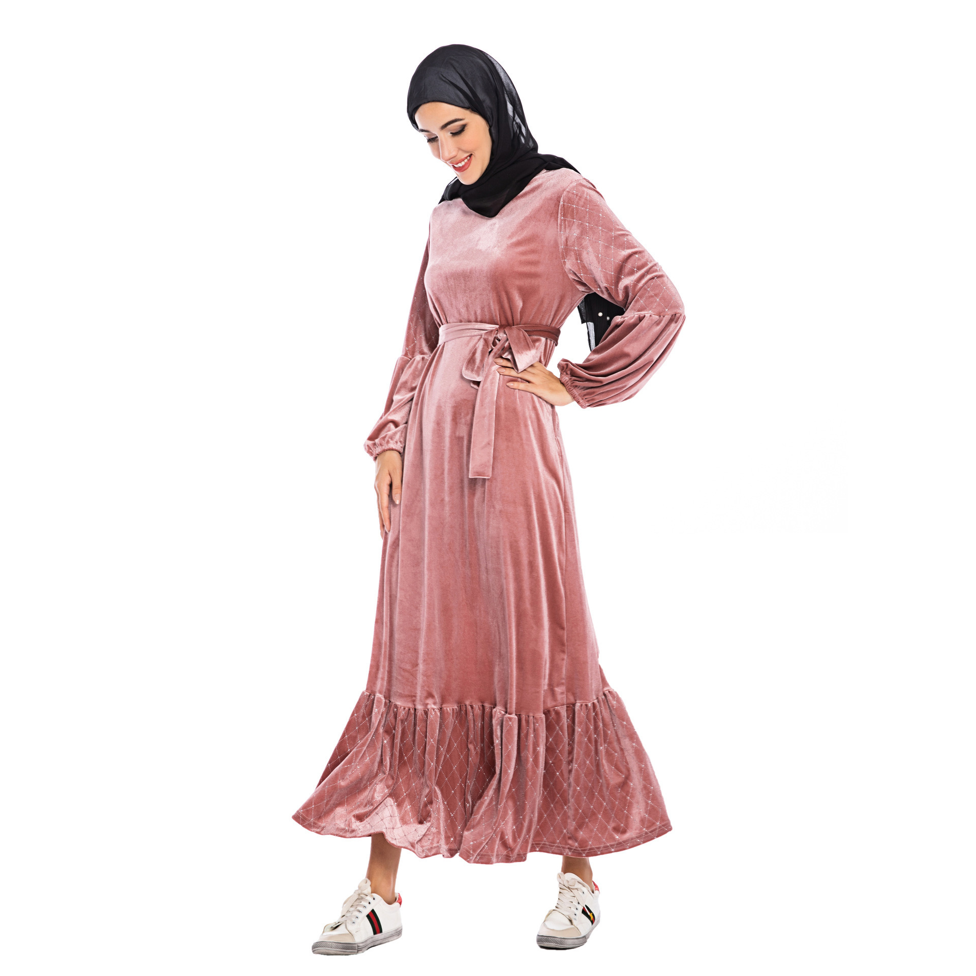 Muslim Prayer Dress Jilbab Thick Gold Velvet Long-Sleeved Round Neck Bronzing Casual Abaya Women Long Dress Muslim